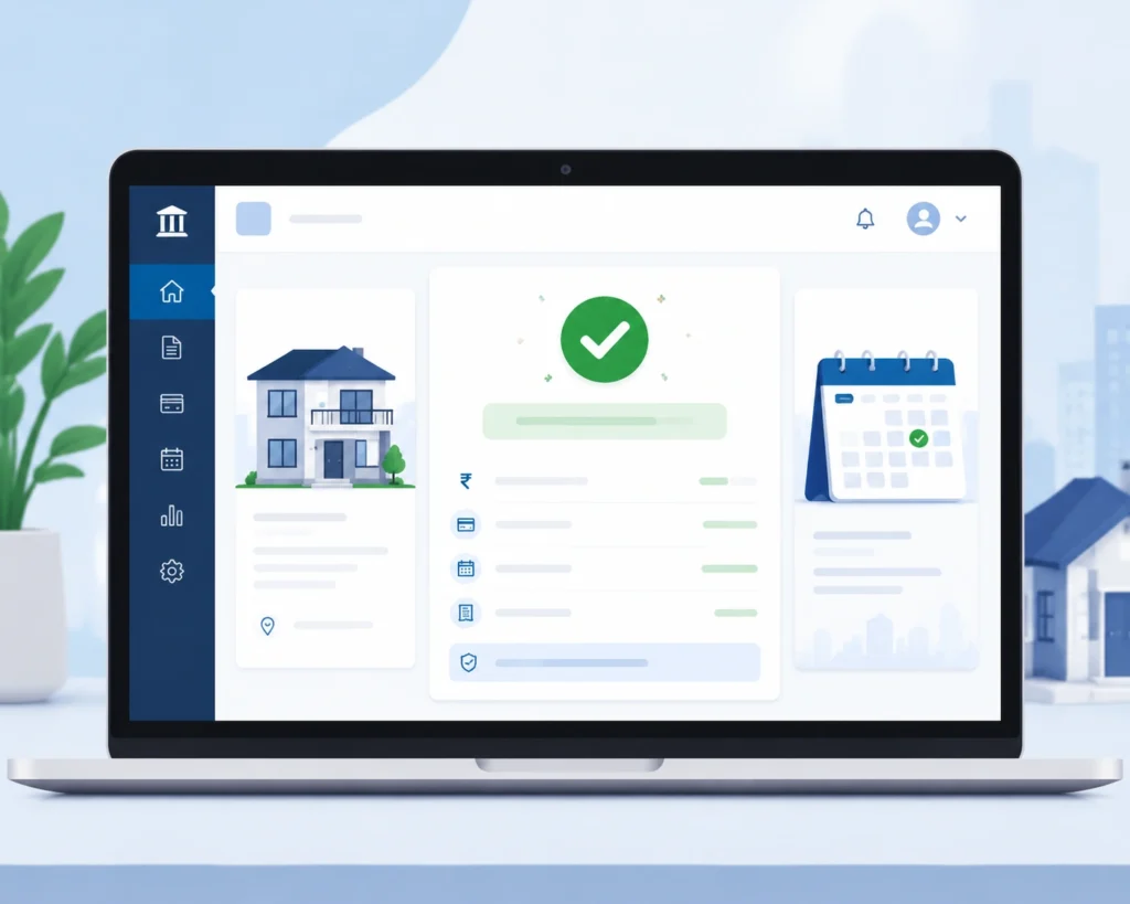Laptop screen showing a successful property tax online payment confirmation with house and calendar icons"