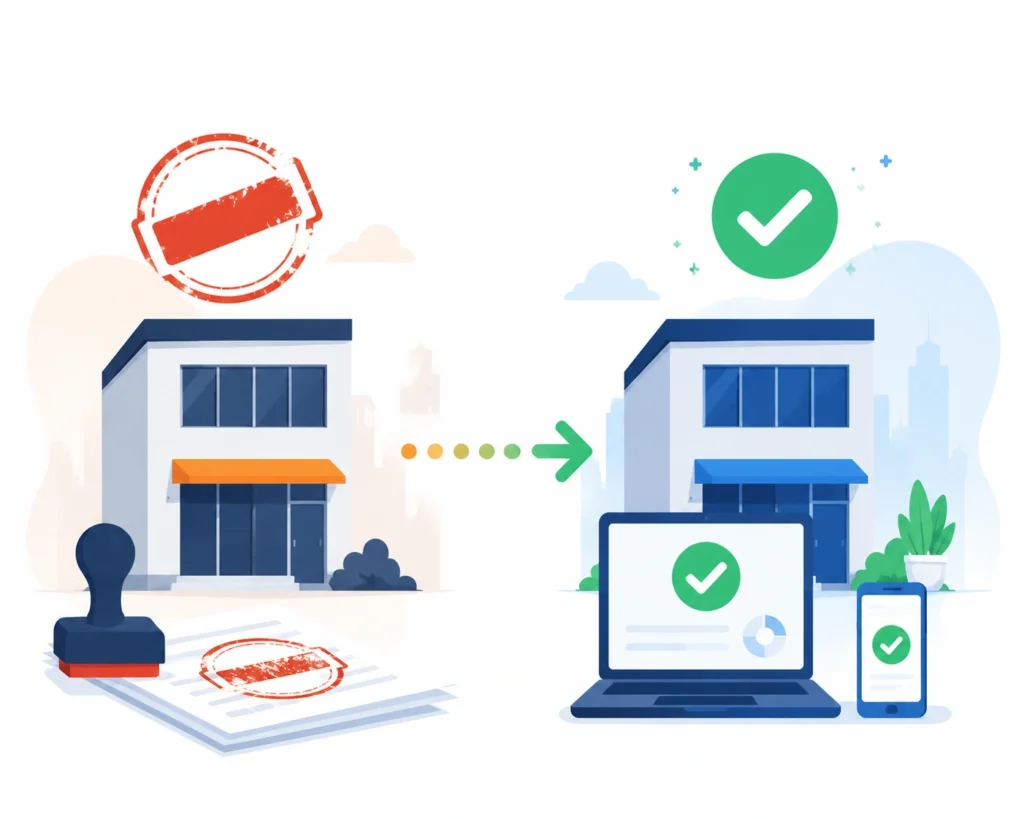 Illustration showing a startup office transitioning from a manual overdue tax notice to an automated online payment checkmark"