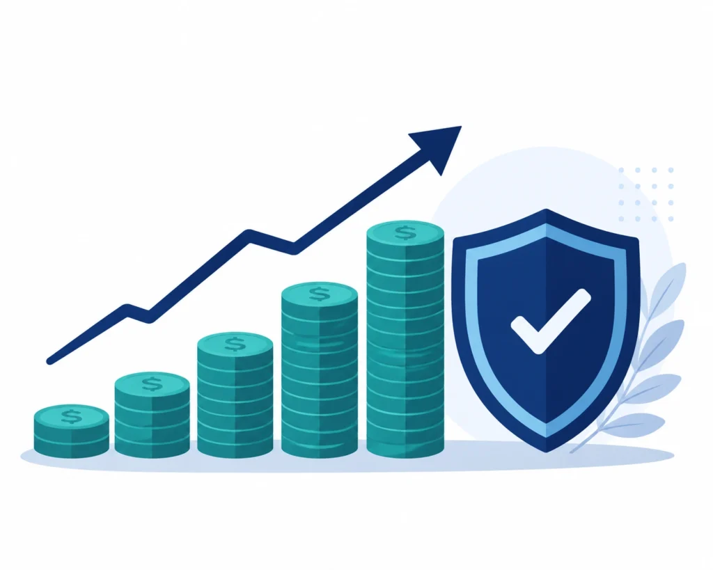 Bar chart of coins beside a shield icon representing cash-flow protection through timed property tax payments"