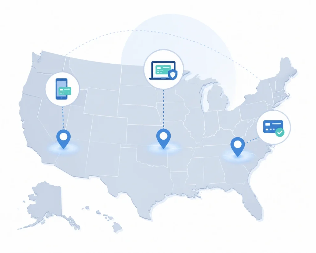 U.S. map with location pins representing multiple counties connected to digital property tax payment icons"
