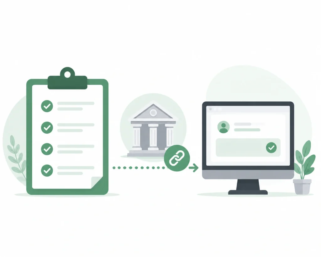 Checklist clipboard linked to a bank icon and computer screen representing property tax online payment setup"
